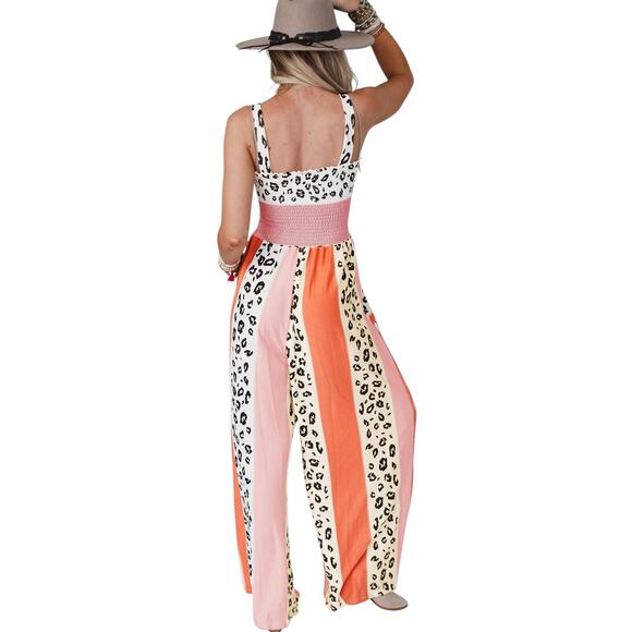 Pink Leopard Color Block Mix Print Pocketed Sleeveless Jumpsuit New Sizes S-XL - Picture 4 of 7